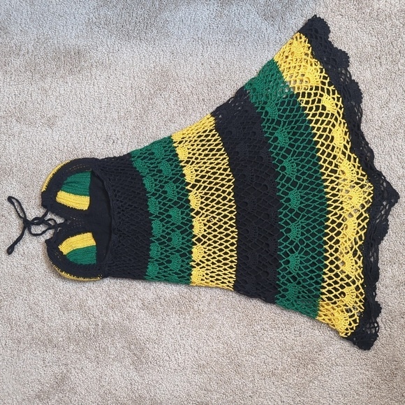 Crochet Boho Halter Style Lined Midi Dress Green Black Yellow XS/S - Picture 8 of 11